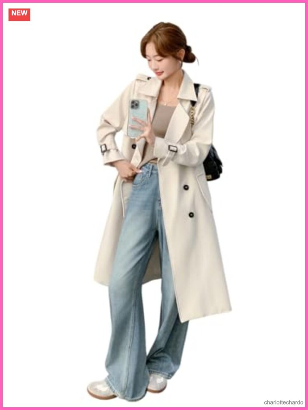 Women's Double Breasted Mid Length Trench Coat with Belt Button Front